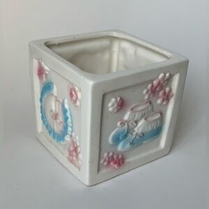 Vintage Ceramic Baby Booties Square Planter - White with Blue & Pink